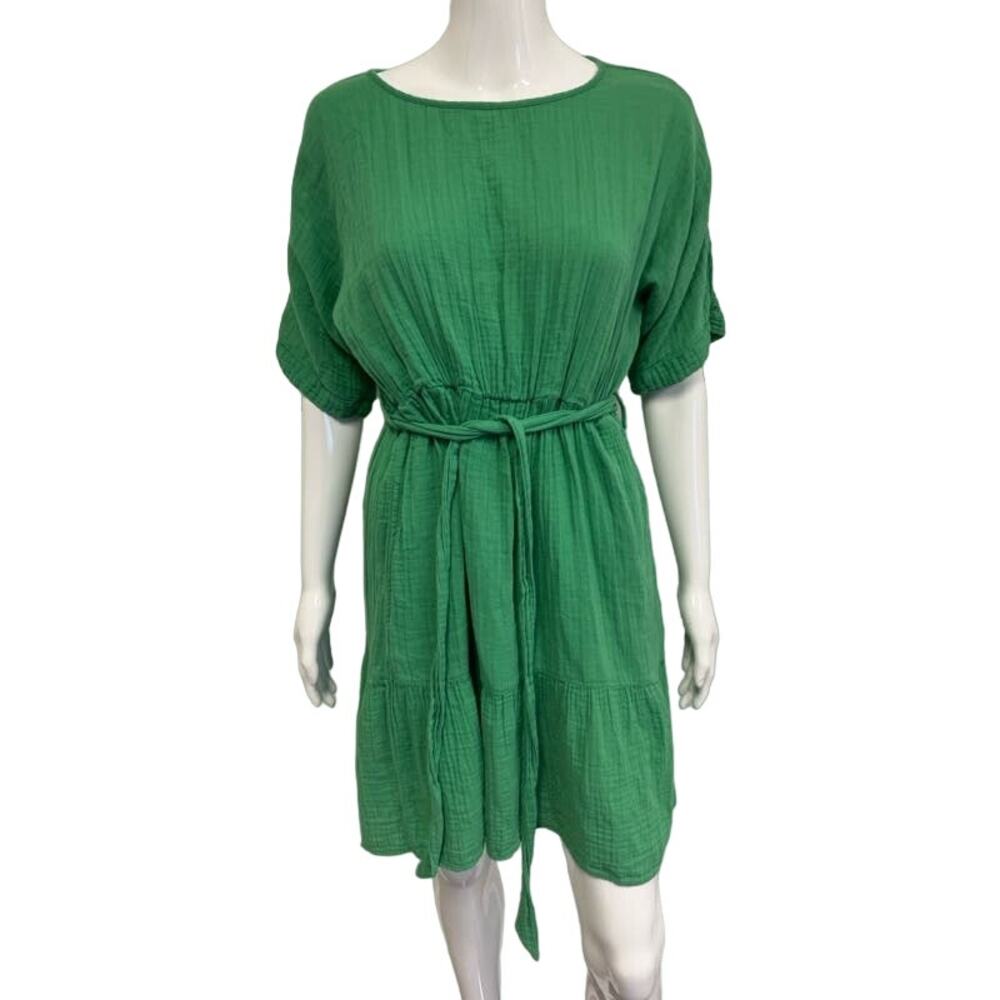 XIRENA Green 100% Cotton Aiden Crinkled Gauze Knee Length Short Sleeves Dress XS